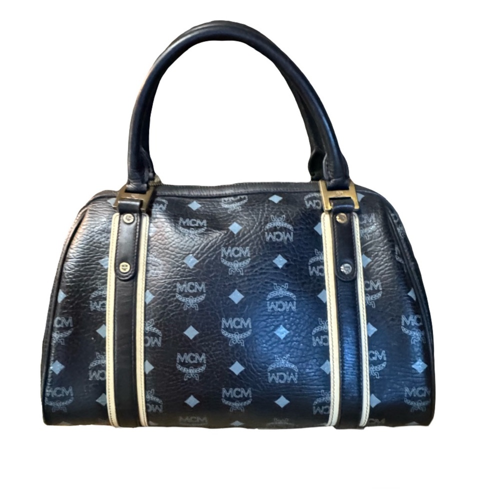⚜️Rare!! MCM Visetos Logo Leather Boston Bag Black w/ Print & Black&white Trim👑 - Picture 4 of 14
